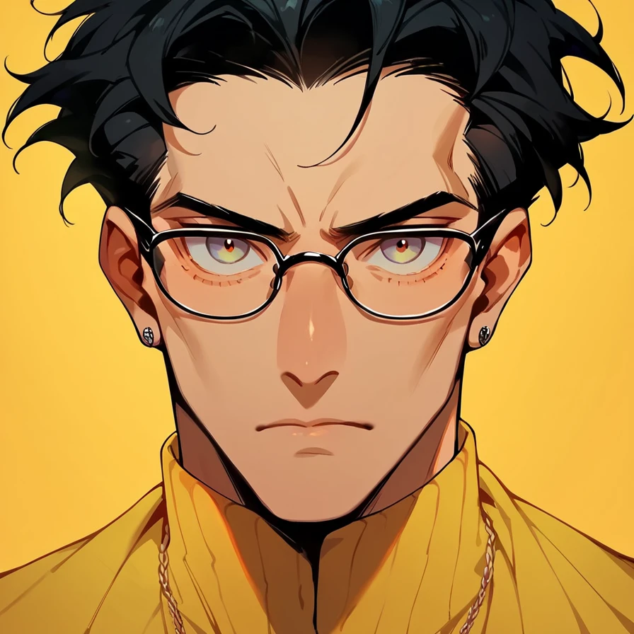 score_9, score_8_up, score_7_up, score_6_up, score_5_up, score_4_up,  egirlpfp, 1boy, looking at viewer, yellow theme, black hair, glasses