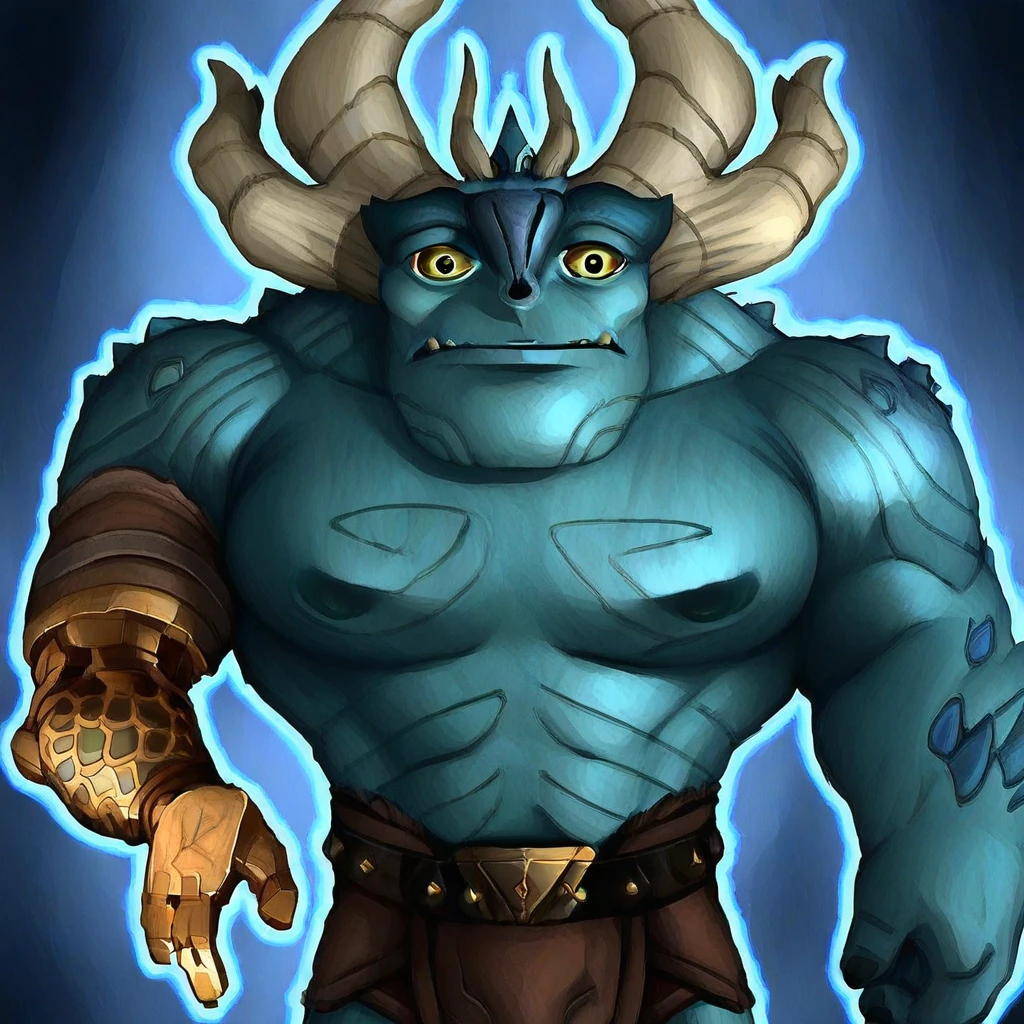 1boy, solo, male, monster, colored skin, blue skin, horns, yellow sclera, yellow eyes, prosthetic arm, tusks, fangs, muscular male, big pecs, belt, loincloth, dramatic pose,