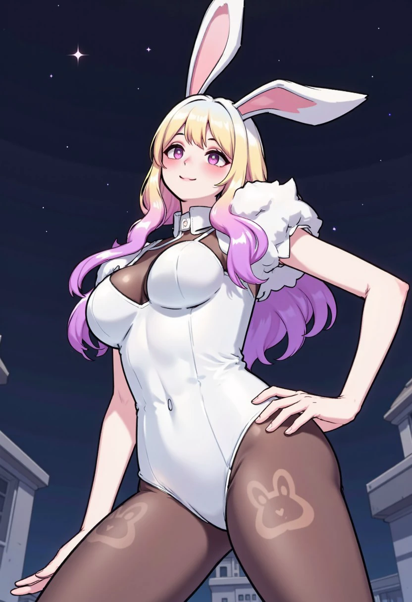 fca_style, 1girl, aur0ra, white leotard, pantyhose, gradient hair, multicolored hair, bunny ears, upper body,  look at viewer, from below, breasts, smile, heart shaped pupils, UHD, best quality, trending on artstaion, dark sky with stars background, hand on hip, masterpiece