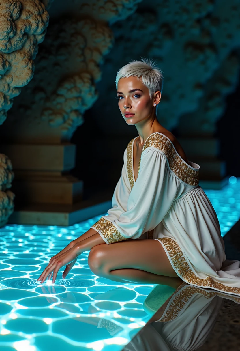 Imagine a photorealistic close-up portrait depiction of Selene, a beautiful woman with purple eyes and white pixie hair. 

Selene kneels by a glowing pool of water in a dark cavern, her reflection shimmering on the surface as faint light from crystalline formations illuminates the scene. She wears a flowing, white ceremonial robe with gold embroidery along the edges, her white pixie hair glowing faintly in the light of the crystals. The air is cool and still, with the only sound being the soft ripple of water as she delicately touches its surface, her expression calm and meditative.