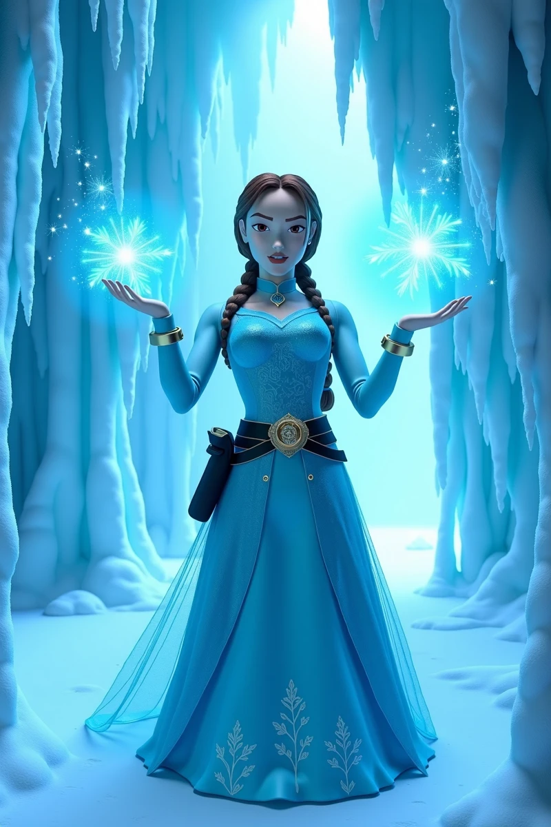 The image is a L4r4Cr0ft woman wearing a Frozen Disney Princess costume. She is in a frozen cave with ice pillars with many intricate details. The main subject is summoning a blue spell with her hands in a fighting stance.