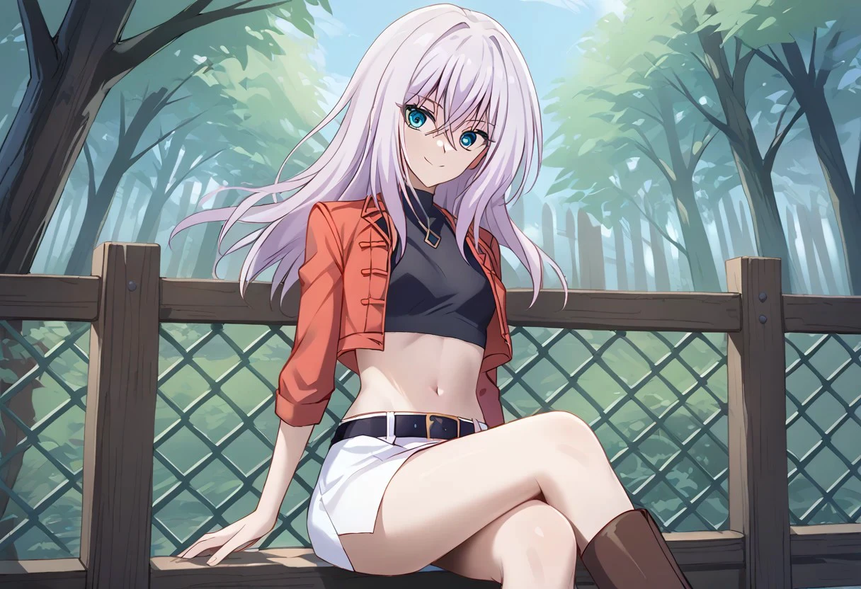 score_9, score_8_up, score_7_up, source_anime, good anatomy, 1girl, solo, MisakiTokura, lavender hair, cyan eyes, long hair, MisakiRed, cropped jacket, red jacket, black tanktop, midriff, white skirt, miniskirt, side slit, black belt, brown boots, sitting, on fence, forest, smiling, crossed legs