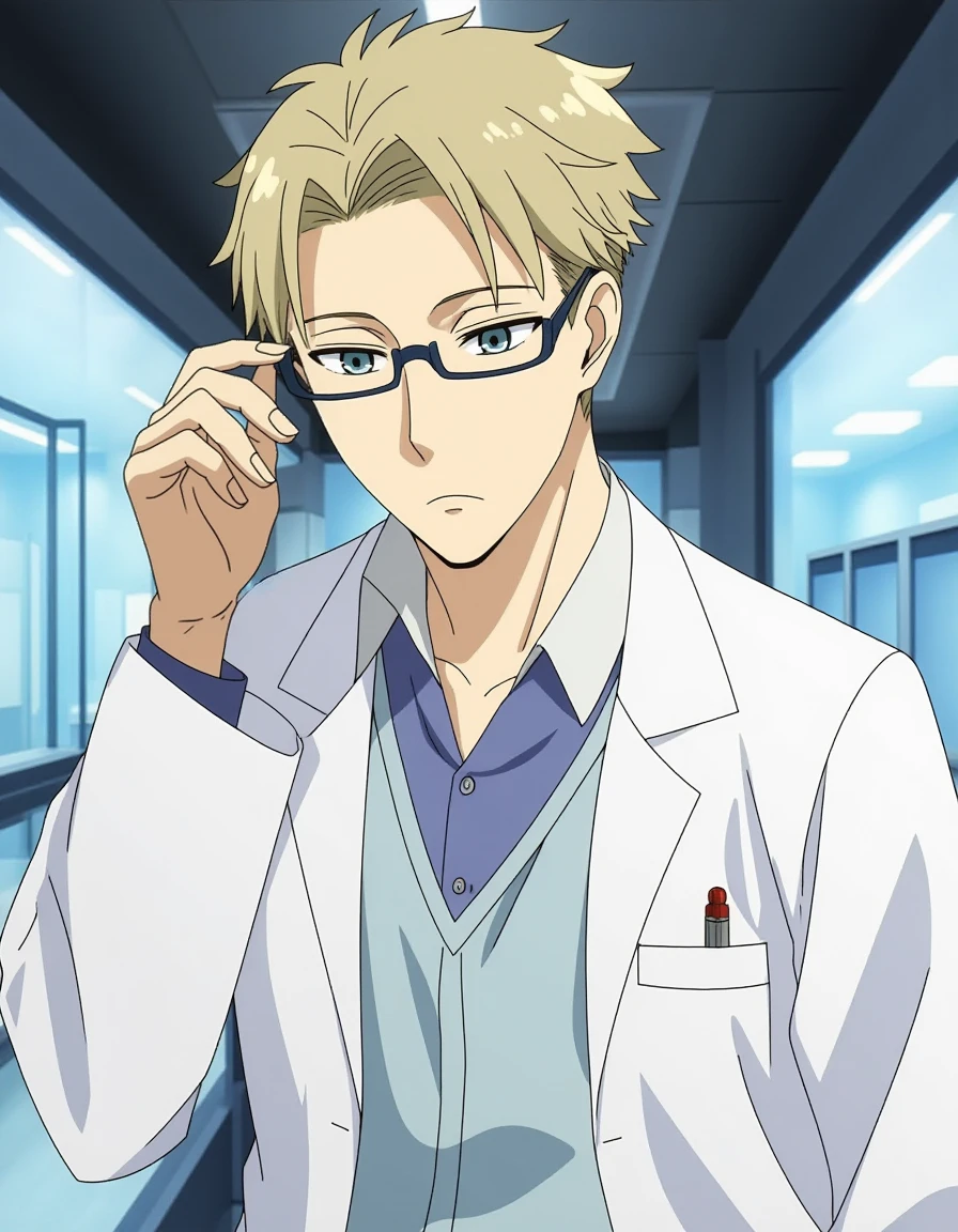 an anime style illustration of loidforger man, default hairstyle, serious face, looking at viewer, wearing glasses, one hand adjusting his glasses, perfect hands, detailed hand, wearing a white lab coat, in a futuristic lab