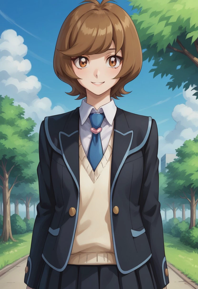 score_9, score_8_up, score_7_up, source_anime, highly detailed, 
zaizen, 1girl, solo, brown hair, skirt, brown eyes, school uniform, short hair, jacket, blue necktie, necktie, blazer, standing, pleated skirt, smile, sweater, looking at viewer, black skirt, upper body,
outdoor, sky, tree, cloud