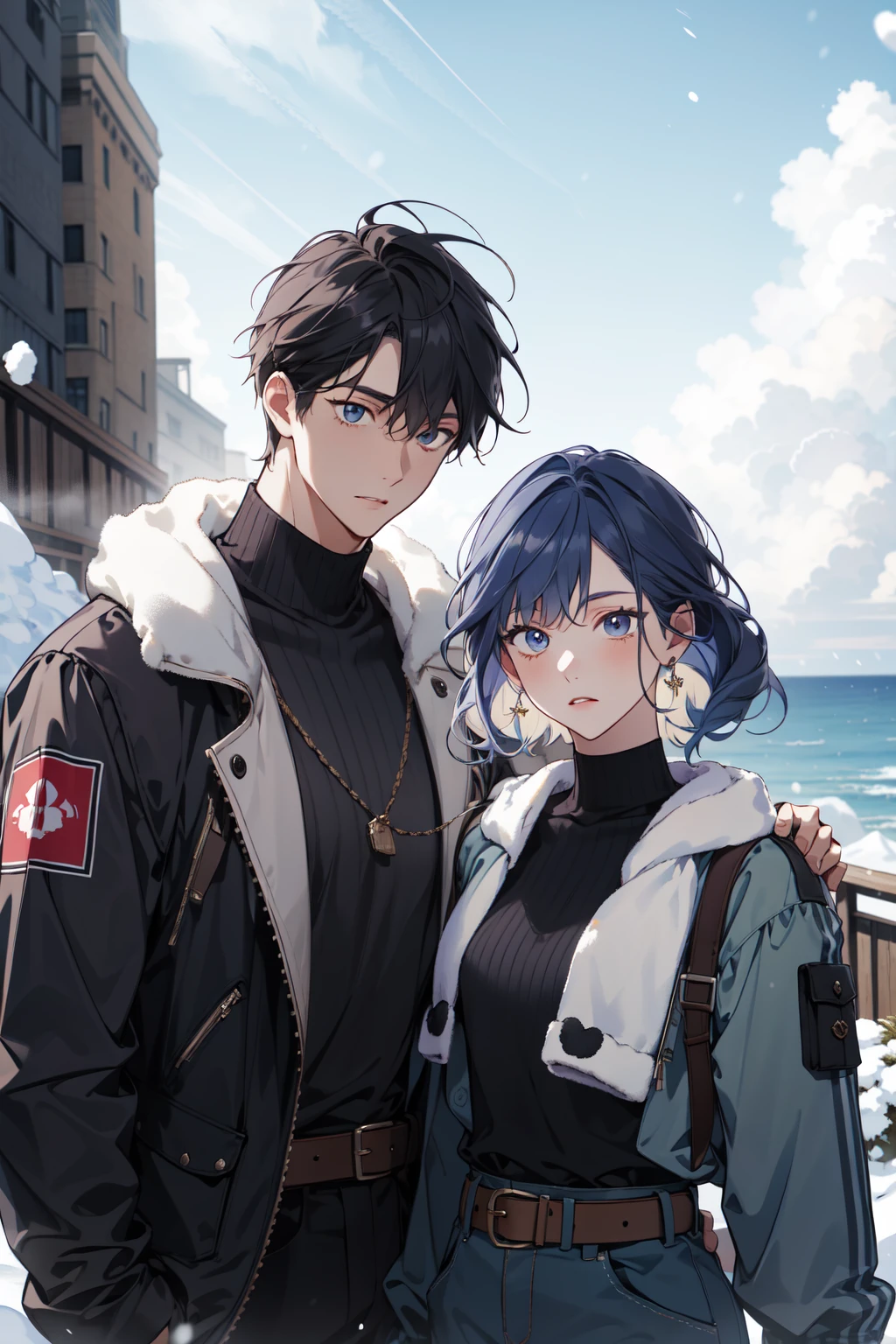 (absurdres, highres, ultra detailed), masterpiece, best quality, 2others, 1boy with 1girl, upper body, mature, Height difference, different fashion, different color, finely detailed eyes and detailed face, complex background, intricate details, complex background, outdoor, snow, winter, blue sky, sunlight, sunshine, cloudy sky, modern urban style, Techware, belt, buckle , Cliff_overlooking_the_ocean,