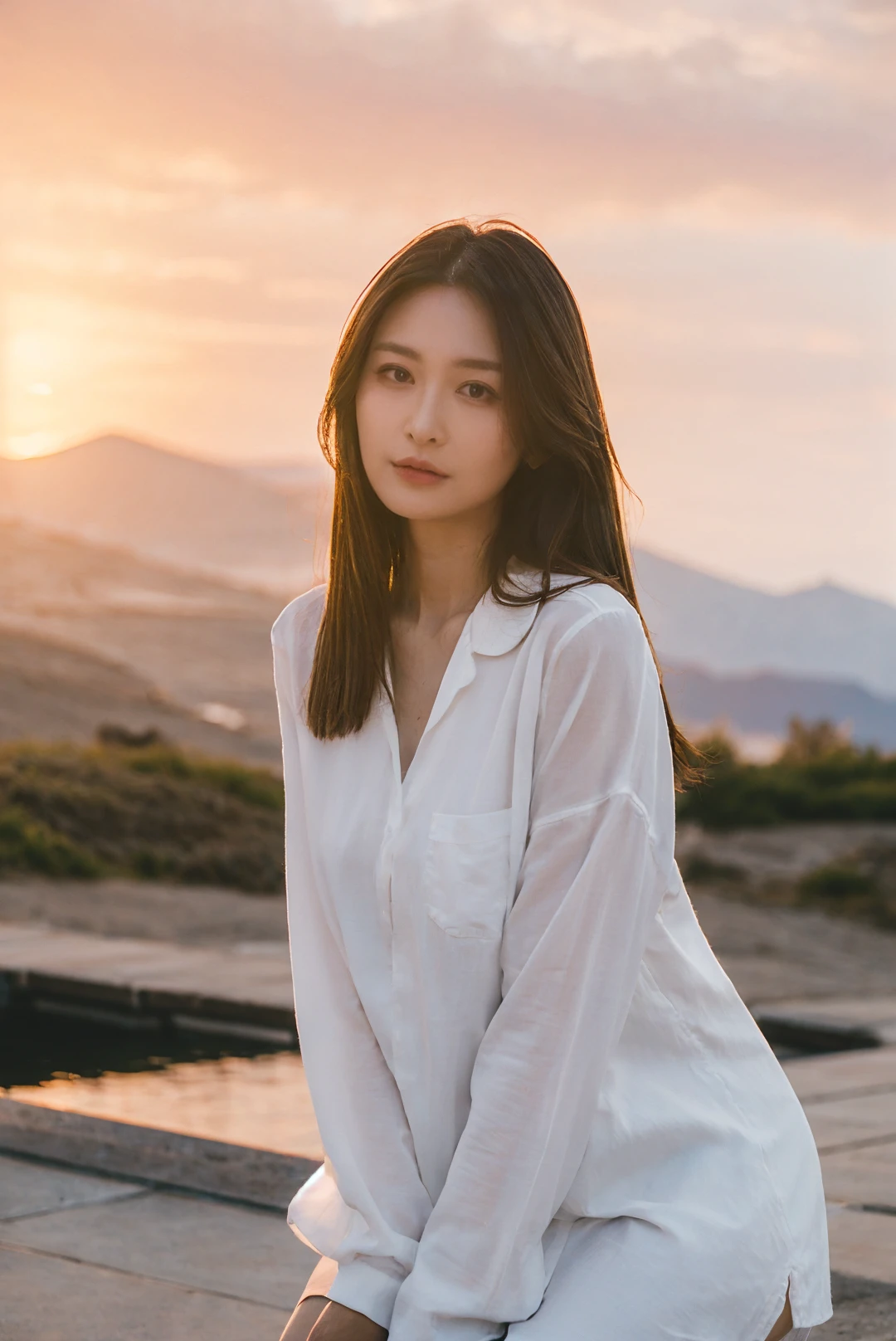(8k wallpaper, .primitive, Photorealistic:1.25) ,( glossy side,, Best quality, Ultra-high resolution, Depth of field, color difference, Caustics, Special light) ,(1 girl standing on top of a hill:1.5),the setting sun,Golden clouds