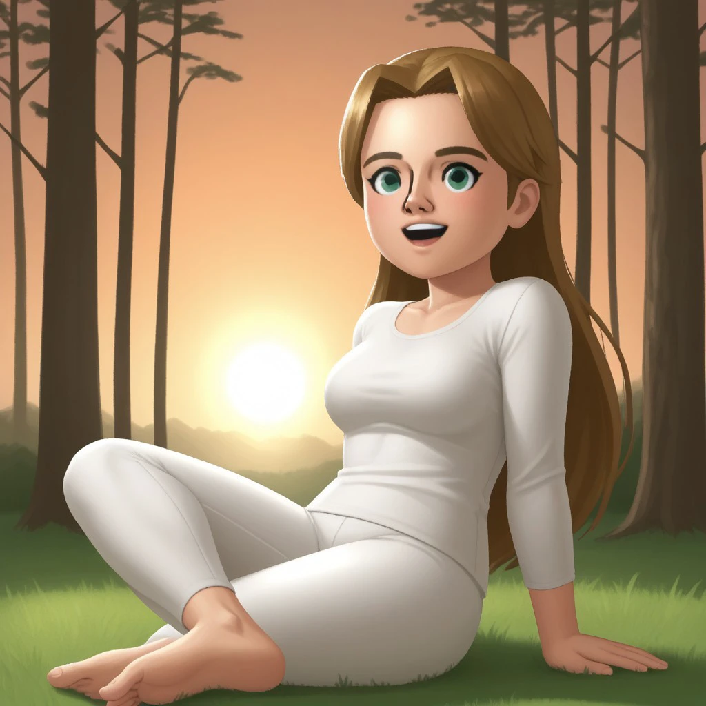 score_9, score_8, BREAK, solo, wii, mii, wii sports resort, 1girl, female mii, tree shaped nose, green eyes, light brown hair, open mouth, teeth, blush, white clothing, white pants, barefoot, cute, nintendo mii, modern_mii, classic_mii, breasts, Ursula_(\Wii_Sports_Resort\), sexy pose, smile, outdoors, sunlight, shadows, evening lighting, natural lighting, forest, trees, grass, orange sky, sunset