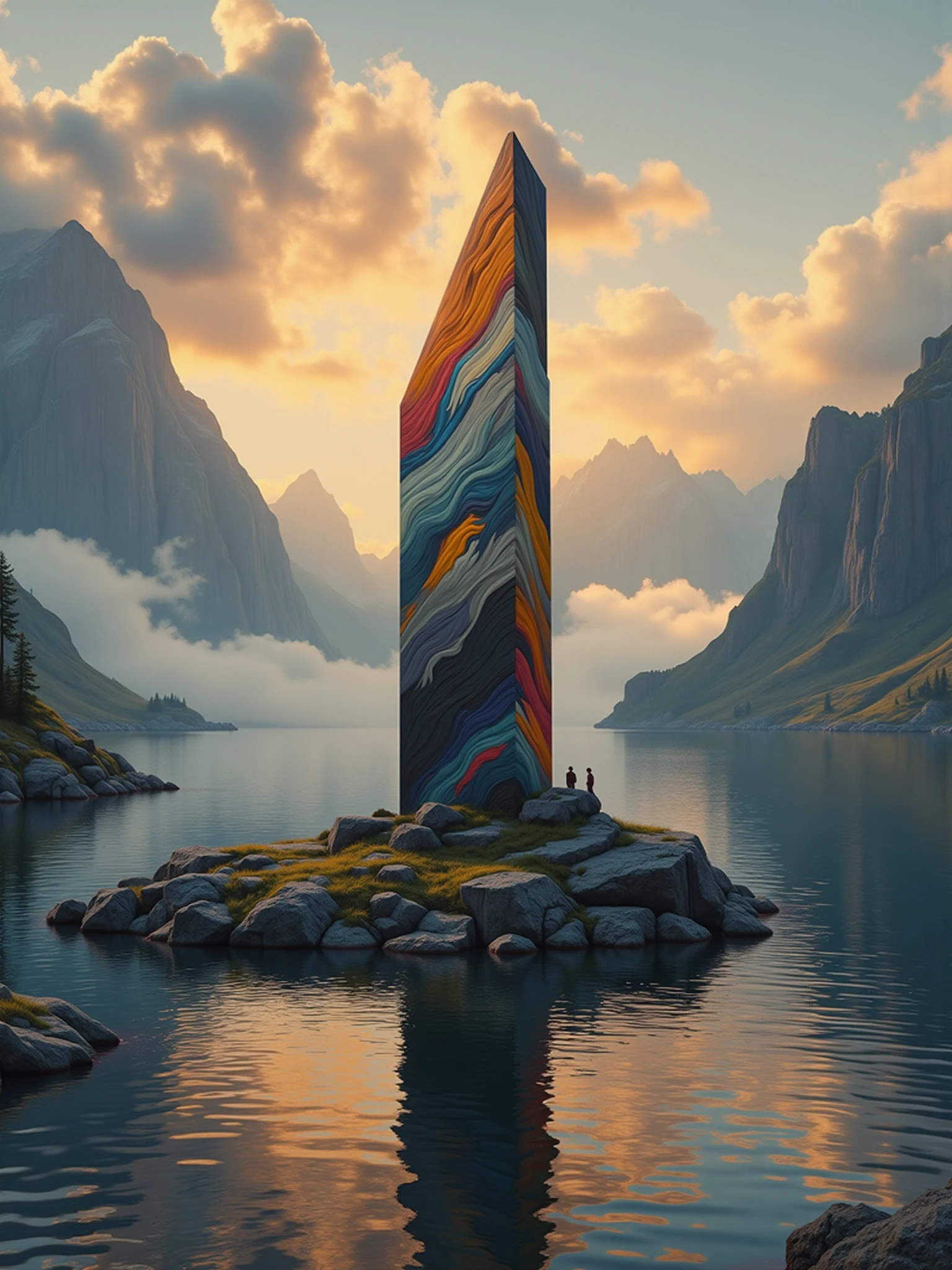 "mad-clrflxprssnstc monolith standing on an island in a serene mountain lake, sunset, godrays, haze, fog, floating islands in the background  <lora:colorful-expressionistic-pattern-flux:1>"