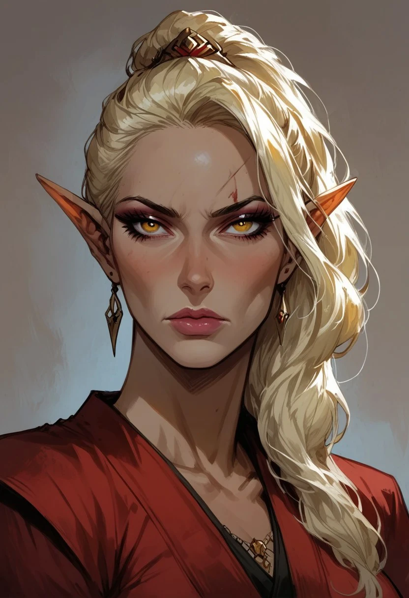 score_9, score_8_up, score_7_up, BREAK,
1girl, mature and imposing, 30 years old, portrait, beautiful, Elf  wizard, asian, asian woman, golden colored skin, tanned skin, tanned, sunbathed, sunbathed skin, evil, villain, blonde hair, medium brests, golden eyes, mature, mature woman, long ponytail, single ponytail, side bangs, modest clothing, red fantasy toga, red kimono, closed mouth, arrogant <lora:Fant5yP0ny:0.6> <lora:fantasy_world_pony:0.9>
<lora:Cherry-Gig:0.55>