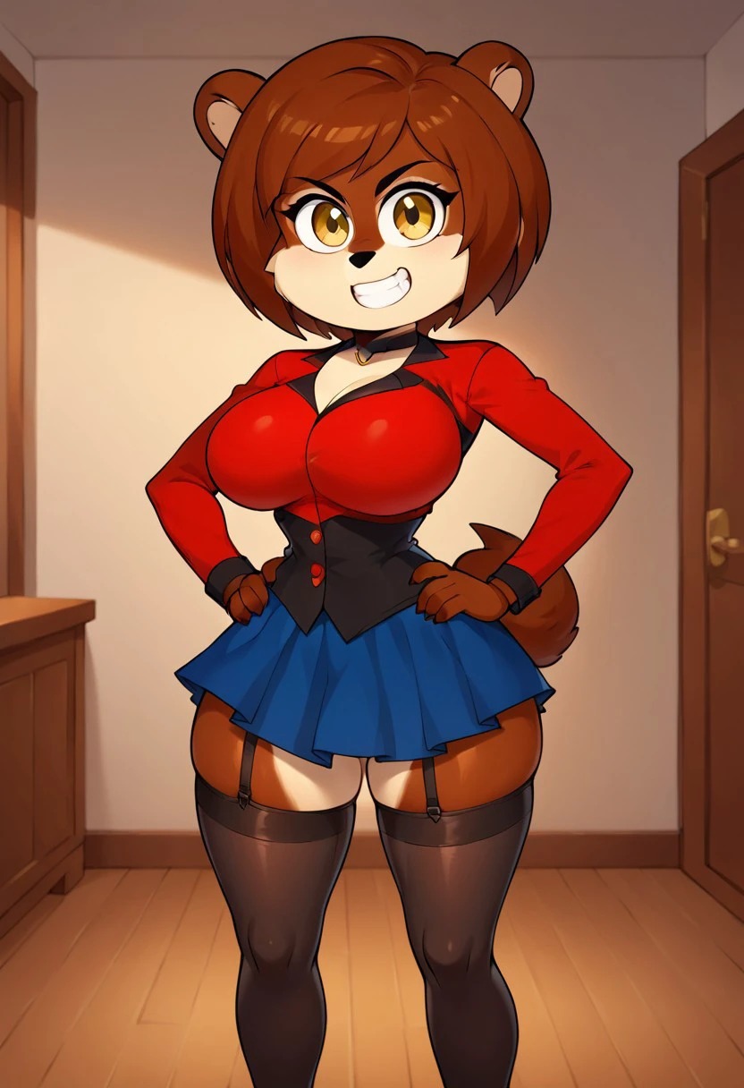 score_9, score_8_up, score_7_up, masterpiece, best quality, room, hotel, (very beautiful eyes, big thighs, Wide waist, big breasts), 1girl, EvaS, Brown hair, yellow eyes, short hair, furry female, tail, furry ears, brown fur, Red jacket, skirt, long stockings,, sexy pose, Smile, chibi, Hand on waist, Angry,