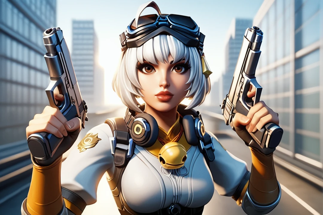 source_cartoon, razor_battle, 1girl, short hair, goggles, solo, lips, goggles on head, white hair, brown eyes, bell, headphones, ahoge, neck bell, gangster, standing, holding pistol, holding weapons, two pistols, Hands with pitols, high angle shot, cowboy shot, futuristic city background, blur background, city background, natural lighting, backlight, aiming a gun directly at the viewer, aiming to the viewer, intense eye contact, close-up perspective, gun pointed forward, gun aiming to viewer, soft colours, big breast, 2D, Animated, Blurry background, city building background, blurry, <lora:ho1dingPistols:1>, <lora:razorbattle-05:1>, ,rating_questionable, score_9, score_8_up, score_7_up,, 1girl, short hair, goggles, solo, lips, goggles on head, white hair, brown eyes, bell, headphones, ahoge, neck bell