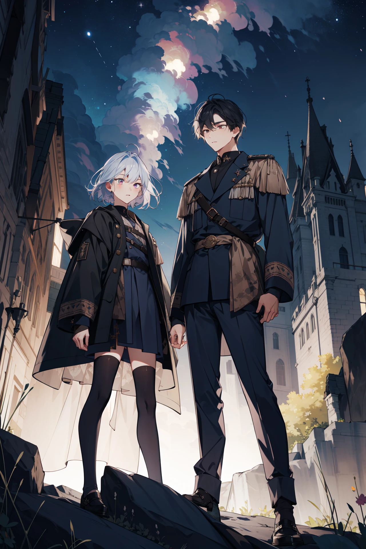 (absurdres, highres, ultra detailed), masterpiece, best quality, 2others, 1boy with 1girl, full body, mature, Height difference, different fashion, different color, finely detailed eyes and detailed face, complex background, intricate details, complex background, outdoor, spring, garden, night, starry sky, modern urban style, military uniform , A_rocky_cliff_that_overlooks_the_ocean, depth of field, from below