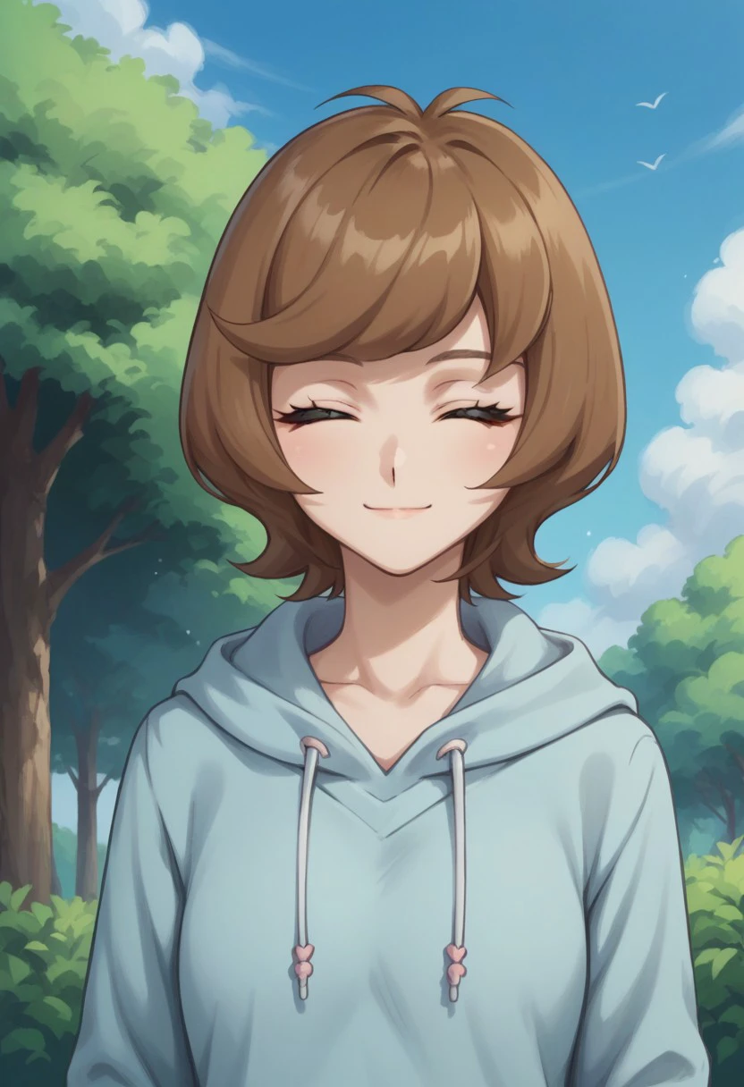 score_9, score_8_up, score_7_up, source_anime, highly detailed, 
zaizen, 1girl, solo, brown hair, closed eyes, closed mouth, short hair, standing, smile, sweater, looking at viewer, upper body, hoodie, light blue hoodie, 
outdoor, sky, tree, cloud