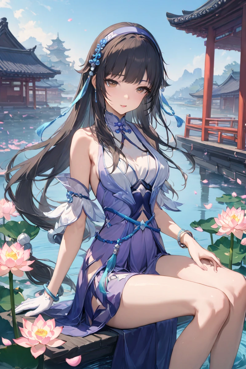 masterpiece, best quality, perfect features, 1girl, solo,looking at viewer, sit, upper body, in front, 
, east asian architecture, sky, blue sky,petals, depth of field,water,flower,lotus, bare legs
,brown eyes, single glove, white glove, purple dress, hairband, hair ornament, bracelet,   <lora:Xishi_xl:0.7>