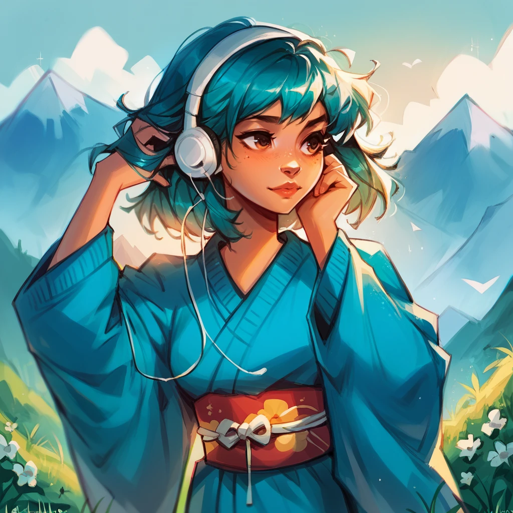 score_9, score_8_up, score_7_up, score_6_up, score_5_up,   <lora:l0tusbubbl3XLP:1> l0tusbubbl3, kimono, headphones, mountain, blue sweater, freckles, hand in own hair, 1girl