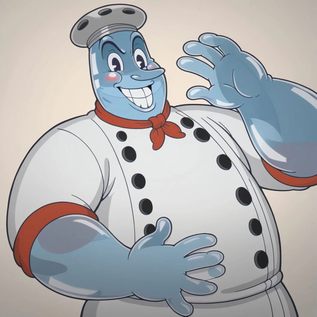 1boy, chef saltbaker, 1930s animation, salt shaker lid head, anthropomorphic salt shaker, white chef shirt, fat man, male, round body, blue skin tone, solo, round body shape, fat man body, bulky arms, four toes, large hands, thick forearms, no ears, cartoon eyes, black eyes, 4k, masterpiece, best quality, highly detailed, simple background, close up, low angle, upper body, face focus, white background, fat man, cartoon style, relaxing pose, Hands on waist