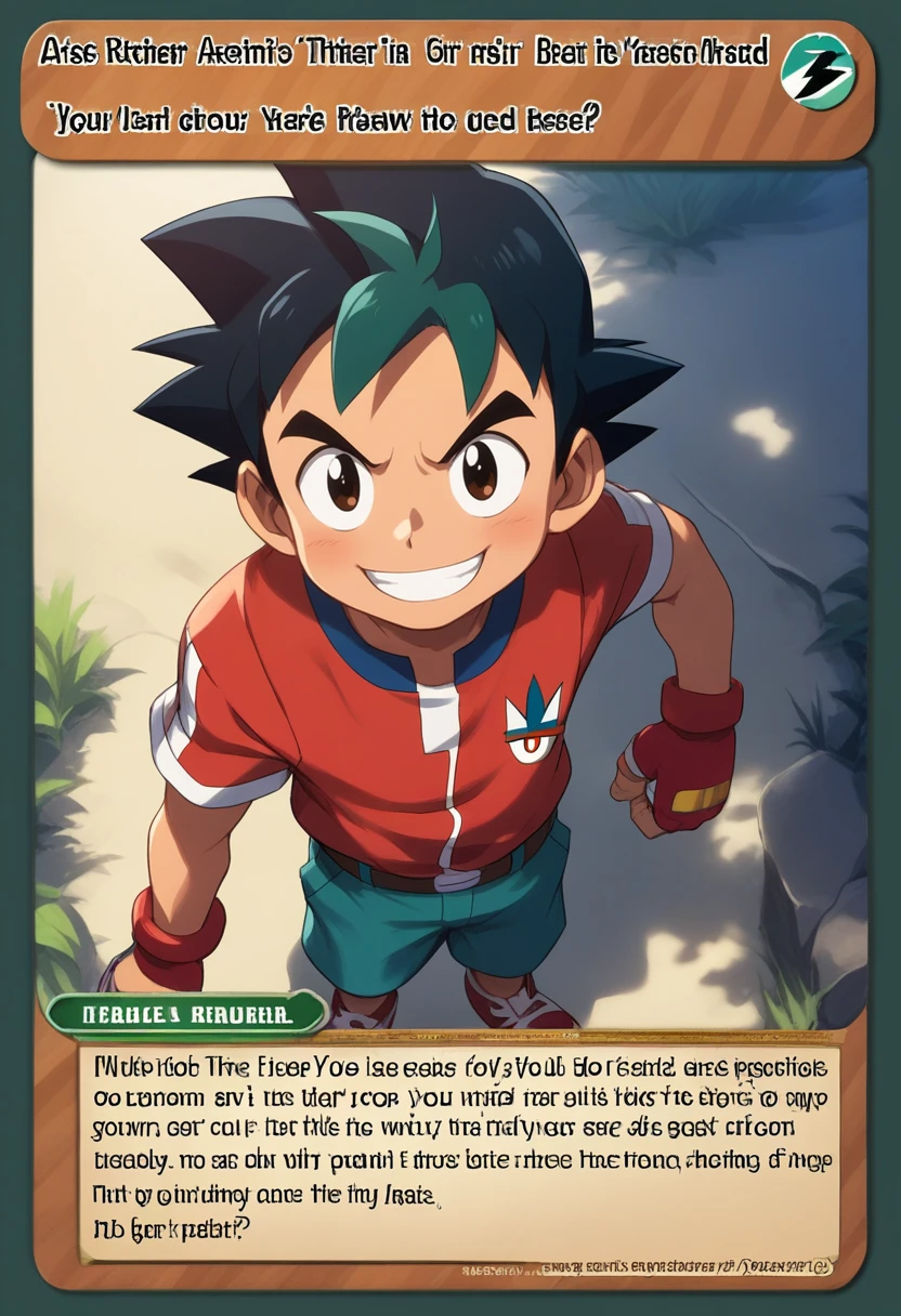 score_9, score_8_up, score_7_up, score_6_up, score_5_up, score_4_up, zPDXL2,source_anime,rating_questionable,  solo, high angle, outdoors, ash ketchum, smile, <lora:Trading_Card:0.8> tr4dingcard, english text,