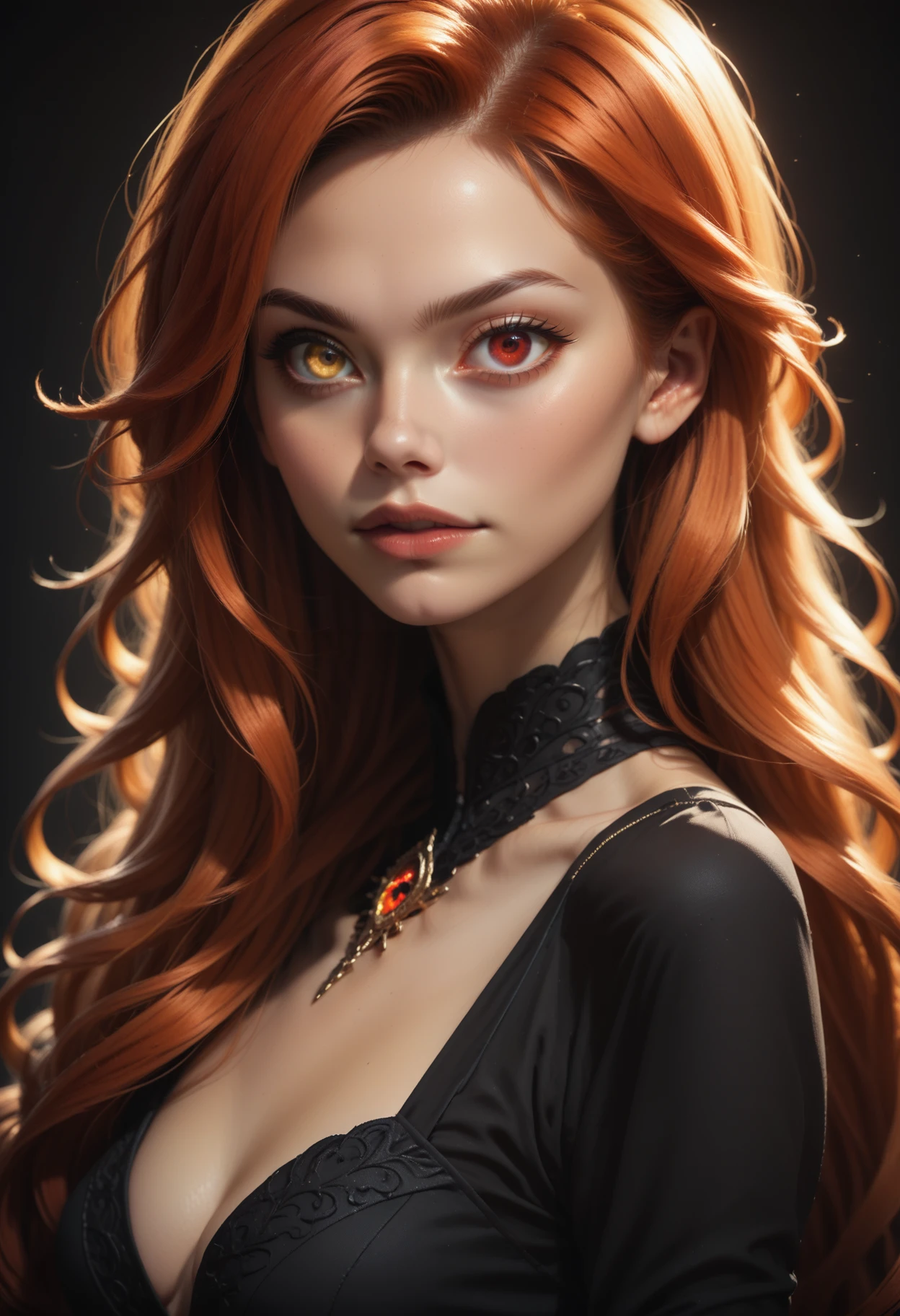 score_9, score_8_up, score_7_up,
1girl, solo, upper body, ginger hair, very long hair, black dress,
<lora:Dark_Heterochromia_Pony_v0.4:0.5> heterochromia, red eyes, left eye red, yellow eyes, right eye yellow,