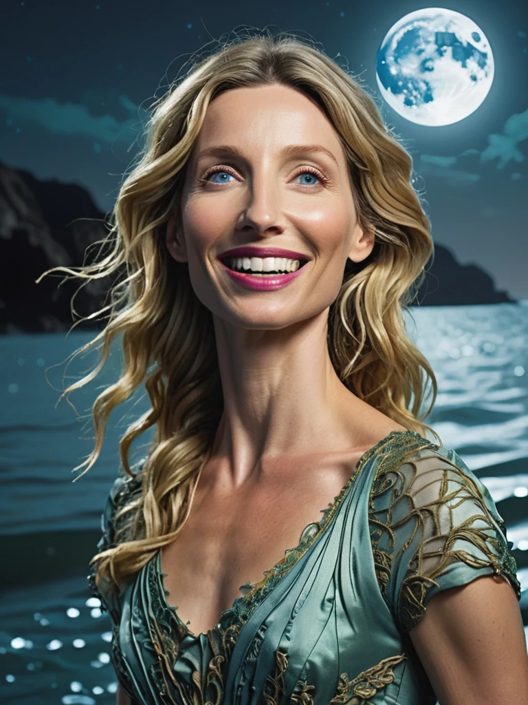 a professional absurdres sharp focus intricately detailed full (torso:1.2) photograph of a beautiful (Annabelle_Wallis:1.1) with a warm and gentle smile, 
with a focus on her face and upper body,
An expansive body of water under a full moon with a face emerging on the surface of a deformed eldritch horror coming out of the void, highly detailed, terrifying, scary, disturbing, inhuman, beyond comprehension, tendrils, slimy, disjointed, unsettling, creepy, 
the peaks and waves glowing softly in the moonlight, ultra_detailed, 8k, nighttime, serene and mystical,
<lora:Annabelle_Wallis-SDXLe14:0.6>  ,
 PA7_sdxl-Photo