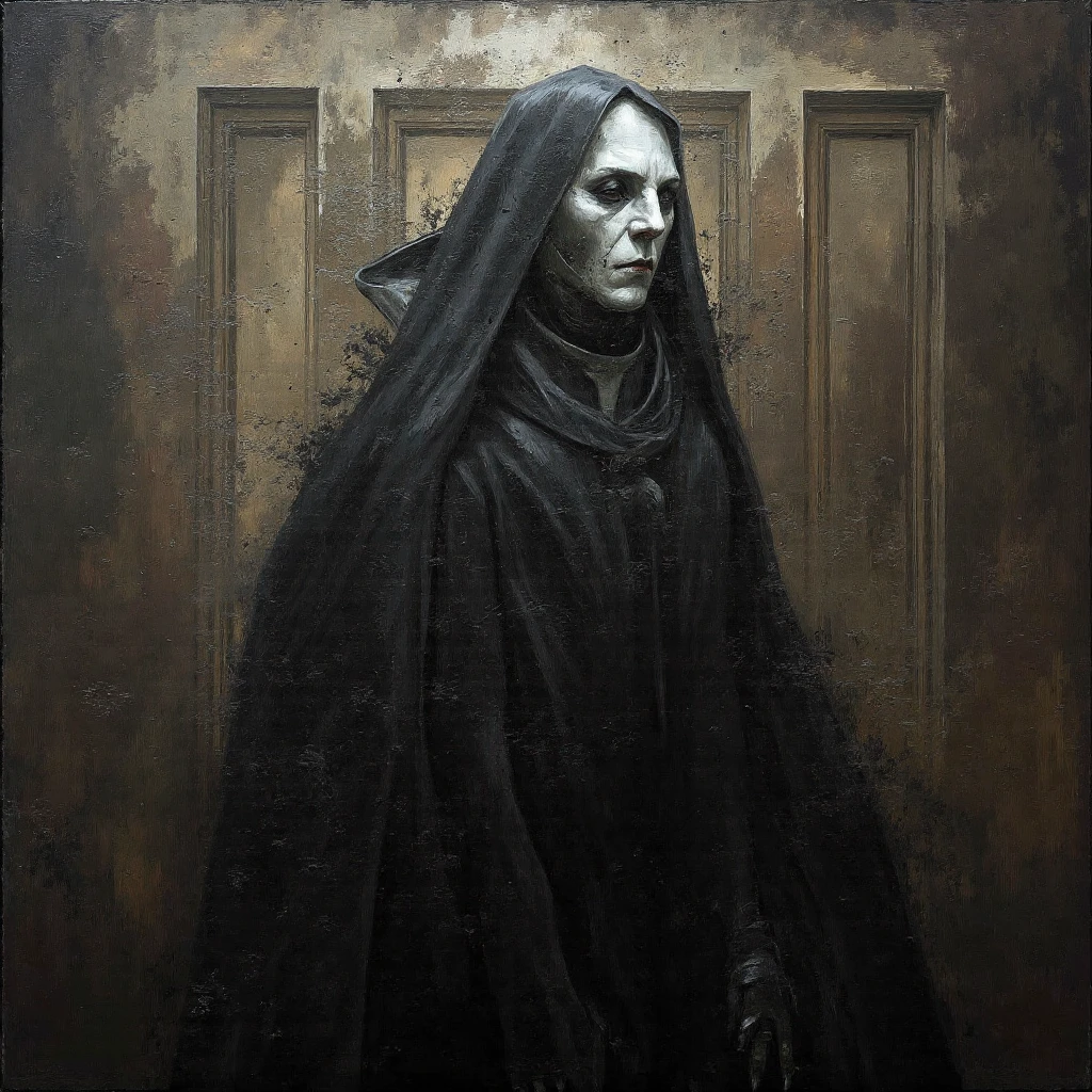 D_Hstyle , DnD_Grainyboyz, grainy, noise, HORROR highly detailed realistic oil painting of a cybernetic NUN Dark H.R GEIGER theme