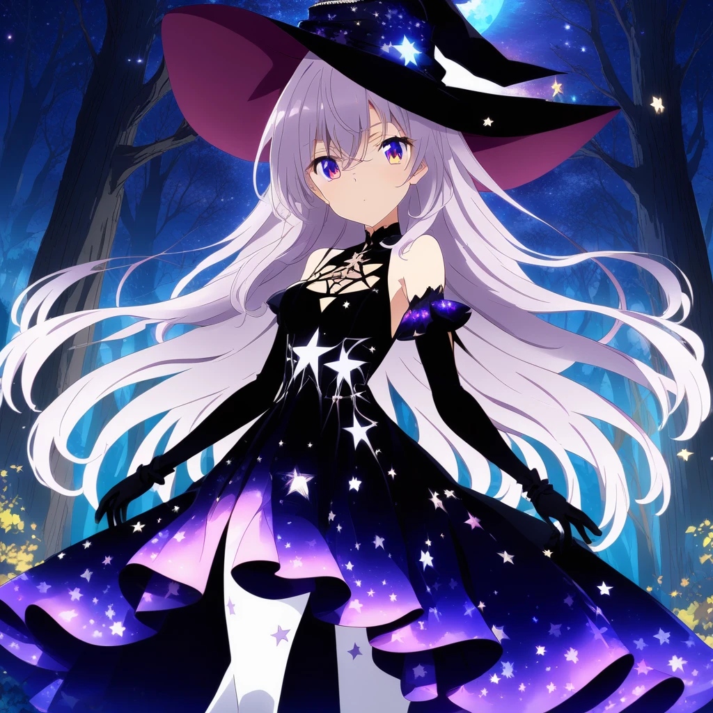 detached sleeves, night, star print, 1girl, hat, multicolored eyes, black dress, tree, earrings, gloves