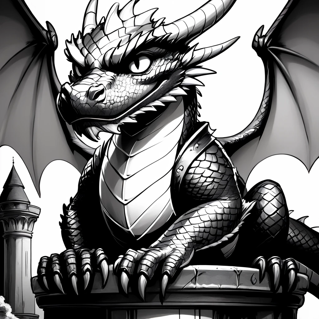 core_9, score_8_up, score_7_up,   <lora:DnDBWIllustrationPony:1> ArsMJStyle, DnDBWIllustration, dragon, The image shows a black and white drawing of a dragon perched atop a building with a pillar to its right. The dragon is depicted in a sketch-like style with intricate details and shading., monochrome, greyscale, no humans, dragon, wings, horns, solo, white background, simple background, weapon