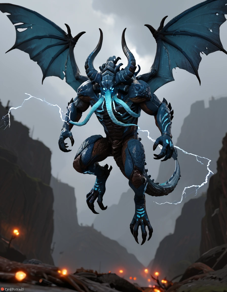 score_9, score_8_up, score_7_up,source_furry, 3d , BREAK,
dynamic pose, best quality, masterpiece, electricity, 1monster, (Kraken, 4 eyes, small eyes, light blue skin, glowing blue eyes, kaijuu, squid-like head, long spikey tail, spine, 2 arms , 2 legs , 2 wings, large spikes on back, horns(tentacle mouth) , side-ways mouth , flying in the air, tentacle wings coming from back with sparks ) bottomless <lora:Kraken_-_Evolve-000006:0.6> dark valley in a thunderstorm. lighting in the background