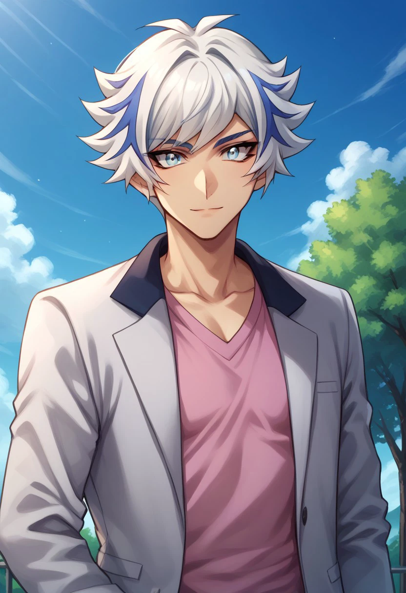 score_9, score_8_up, score_7_up, source_anime, highly detailed, 
ryoken, 1boy, male focus, solo, multicolored hair, streaked hair, shirt, white hair, pink shirt, looking at viewer, grey eyes, blue hair, upper body, blue eyes, jacket, grey jacket, open jacket, open clothes, light smile,
outdoor, sky, tree, clouds,