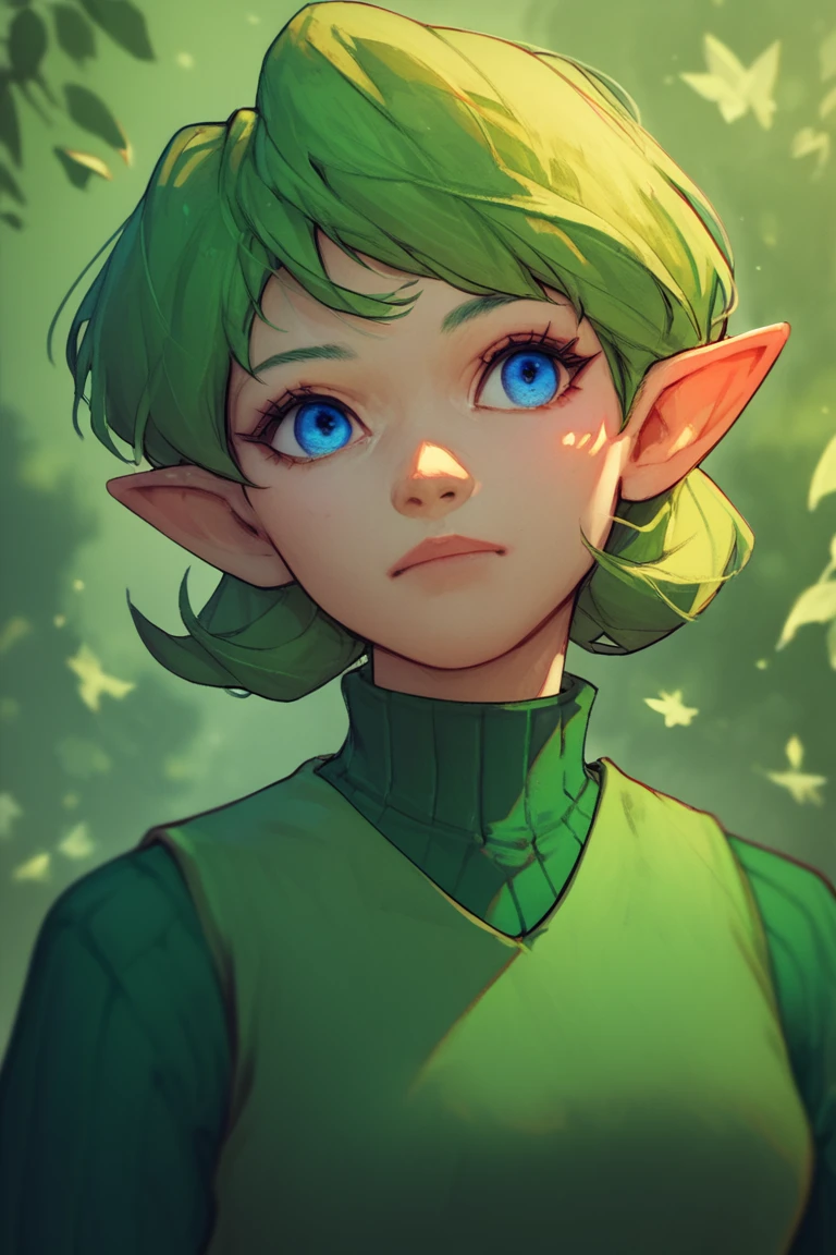 <lora:Saria_Legend_of_Zelda:1> ootsariapdxl, green hair, short hair, blue eyes, pointy ears, green sweater, ribbed sweater, green tunic, 1girl, solo, score_9, score_8_up, score_7_up, score_6_up, score_5_up, score_4_up, high quality, best quality