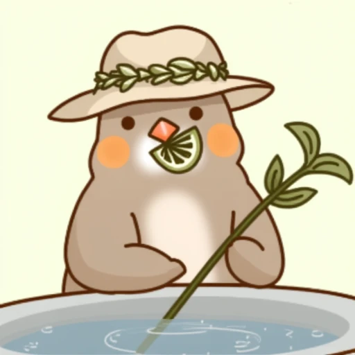 is looking intently at the water in the bird bath. The bird's wings are folded, anthropomorphic bird character. The bird, suggesting it might be a sparrow. The bird's body is adorned with a subtle, and a white chest. The bird is holding a green stem with a single green leaf in its beak, rounded shape with a texture that suggests it's made of leaves, and a tiny green leaf in its beak, simple design with a lemon slice in its beak. It is wearing a wide-brimmed