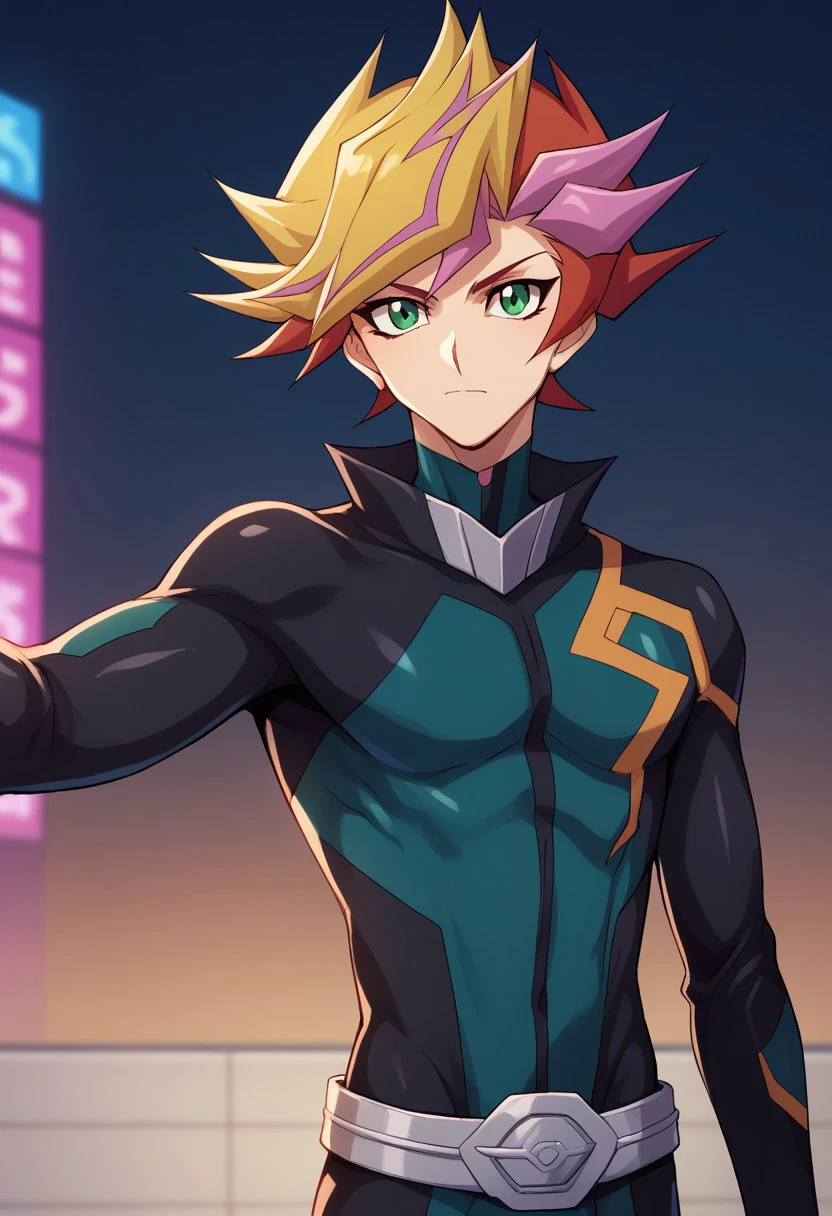 score_9, score_8_up, score_7_up, source_anime, highly detailed, 
yusaku, 1boy, male focus, solo, multicolored hair, green eyes, bodysuit, spiked hair, blonde hair, looking at viewer, closed mouth, belt, black bodysuit, dyed bangs, playmaker outfit, upper body,
outdoor, virtual reality, neon,