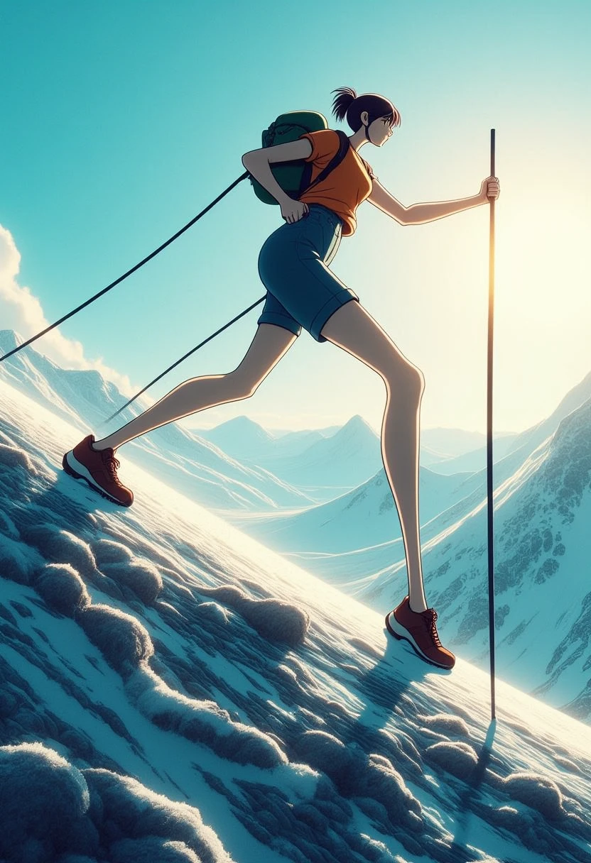 a Towering hiker climb up a hill with exaggerated long legs and arms

