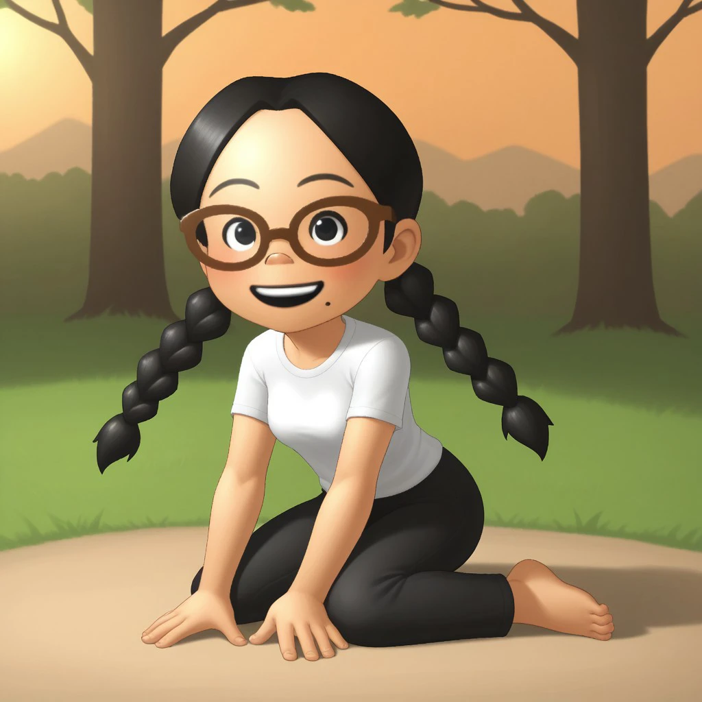 score_9, score_8, BREAK, solo, mii, wii, black eyes, brown glasses, small nose, half circle nose, big mouth, open mouth, teeth, mole under mouth, black hair, low braids, white clothing, black pants, barefoot, blush, 1girl, female mii, cute, medium breasts, keiko_(\Wii_Sports\), wii Sports, Nintendo Mii, modern_mii, classic_mii, sexy pose, smile, outdoors, sunlight, shadows, evening lighting, natural lighting, forest, trees, grass, orange sky, sunset, sitting