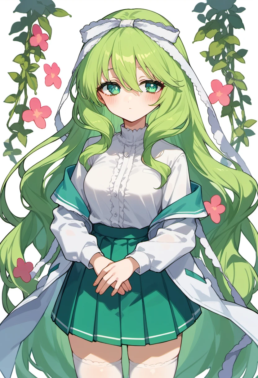 score_9, score_8_up, score_7_up, source anime, wenlina, 1girl, solo, long hair, green hair, very long hair, green eyes, white thighhighs, ribbon, white shirt, open jacket, pleated skirt, flower, hair ribbon, :d, blush, standing, medium breasts, white background, <lora:wenlina-xl-pony-v1:1>, flat arm,