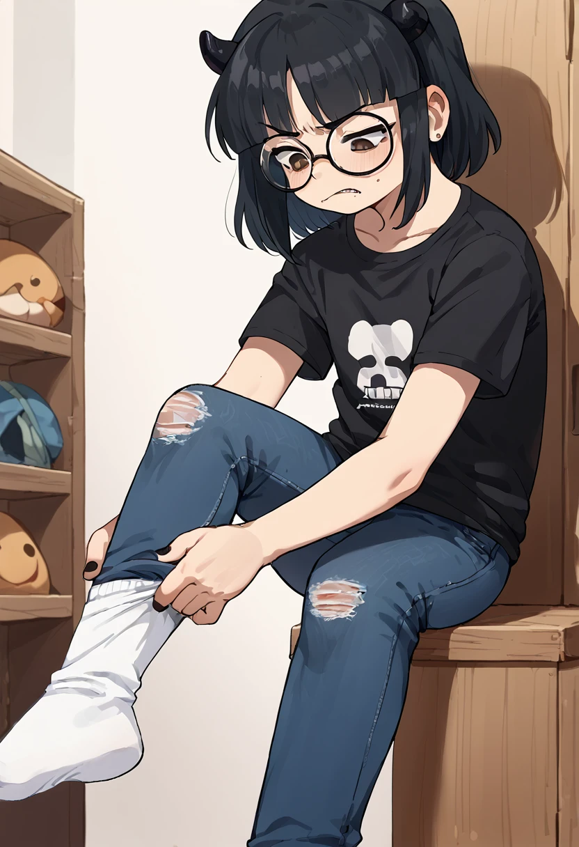 score_9, score_8_up, score_7_up, source_anime BREAK
1girl, solo, changing room, standing on one leg, looking down, disgust, looking at foot
dressing socks, adjusting legwear
<lora:ItouKaori:1> ItouKaori, glasses, nail polish, white socks
black t-shirt, jeans, pants,  <lora:dressing socks (Pony):1>