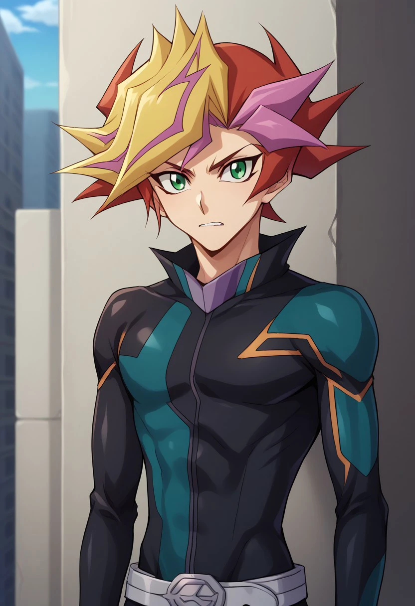 score_9, score_8_up, score_7_up, source_anime, highly detailed, 
yusaku, 1boy, male focus, solo, multicolored hair, green eyes, bodysuit, spiked hair, blonde hair, looking at viewer, closed mouth, belt, black bodysuit, dyed bangs, playmaker outfit, upper body, clenched teeth, determined,
outdoor, virtual reality, neon,