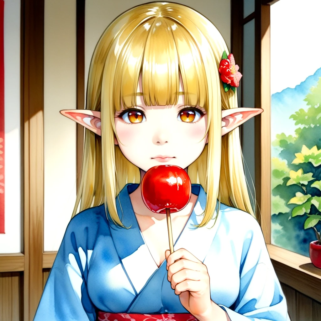 blonde hair elf woman in yukata, traditional media, watercolor, Gouache, wideset eyes, realism, anime visual, bangs, blunt bangs, breasts, cleavage, closed mouth, clothes pull, collarbone, cowboy shot, day, hair ornament, indoors, aged up, pointy ears, nose <lora:Gouache_SDXL:0.5>, cycad,  <lora:candyapple_SDXL:0.5>, holding candyapple, ringoame