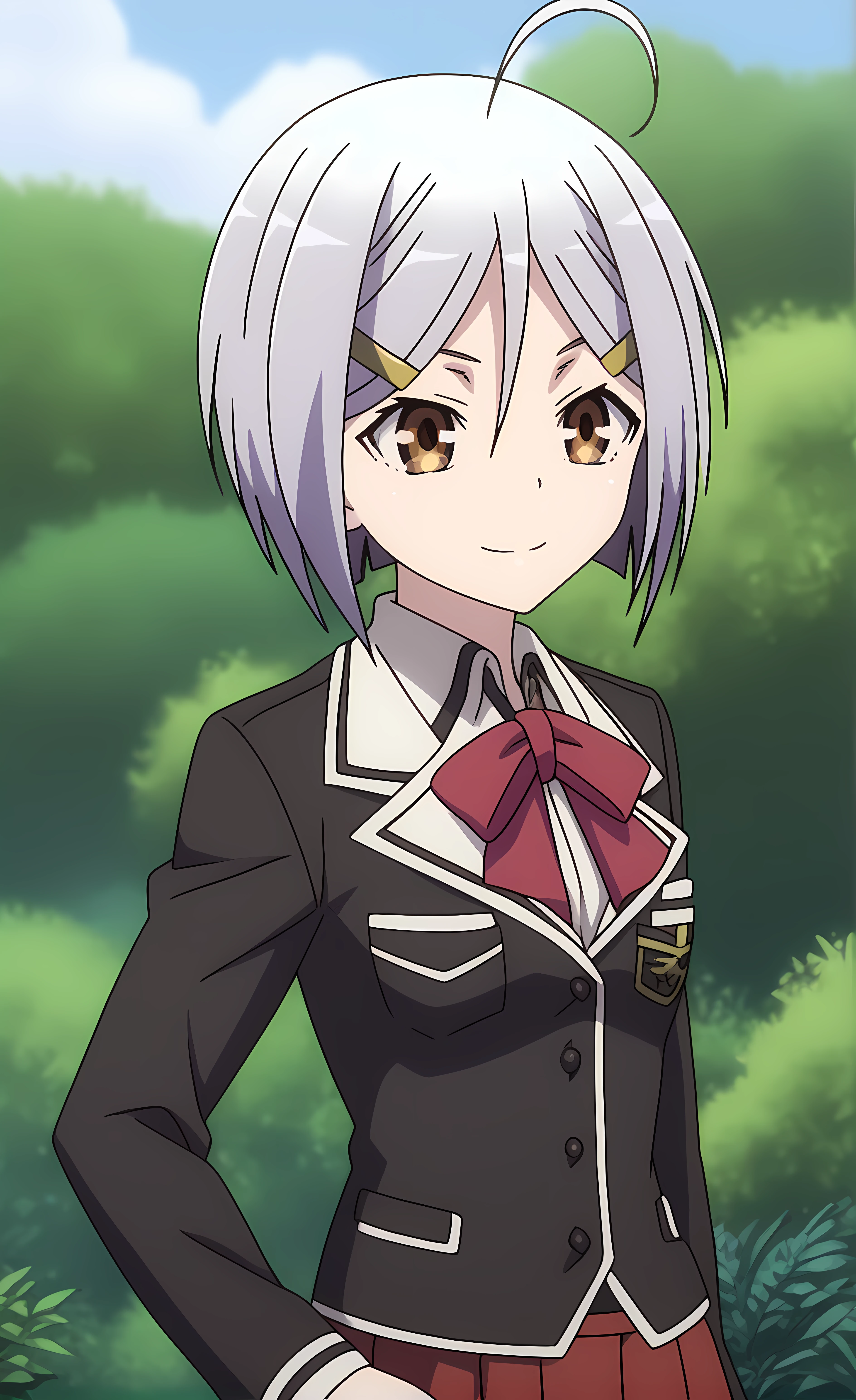 score_9, score_8_up, score_7_up source_anime,closed mouth, shiny skin, light smile,ohwx, 1girl, short_hair, solo, grey_hair, ahoge, brown_eyes, hair_ornament, hairclip, yellow_eyes, hair_between_eyes, solo_focus,school_uniform, serafuku, skirt, jacket, blazer, shirt, long_sleeves, ribbon, bow, Jumping, mimicking catching a butterfly, carnivorous plant jungle,<lora:hijiri_kasuga_pony_sobsynapse-000010:1>