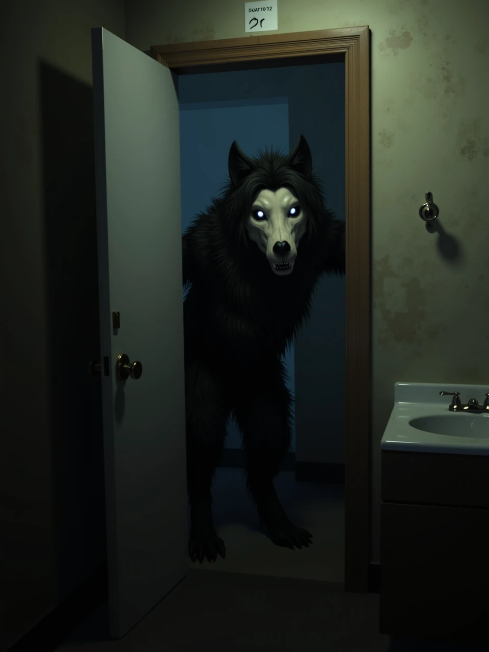 A digital artwork of scp-1471, a female monster with a canine skull head. A rundown motel room at night, the walls stained with years of neglect. The bathroom door is barely open, with a soft creak. In the narrow opening, a female monster named SCP-1471 with a black fur and a glow in her eyes lurks, her figure barely illuminated by the dim light from the hallway, her gaze fixed on the room beyond. Dark vignette.