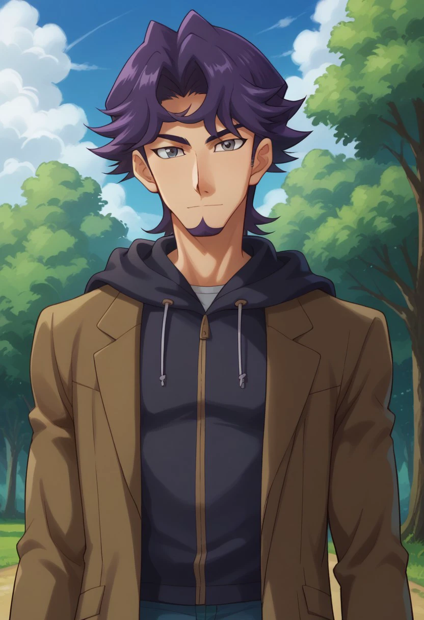 score_9, score_8_up, score_7_up, source_anime, highly detailed, 
shoichi, 1boy, male focus, solo, facial hair, upper body, hood, pants, hoodie, coat, goatee,
purple hair, standing, looking at viewer, 
outdoor, sky, tree, cloud.