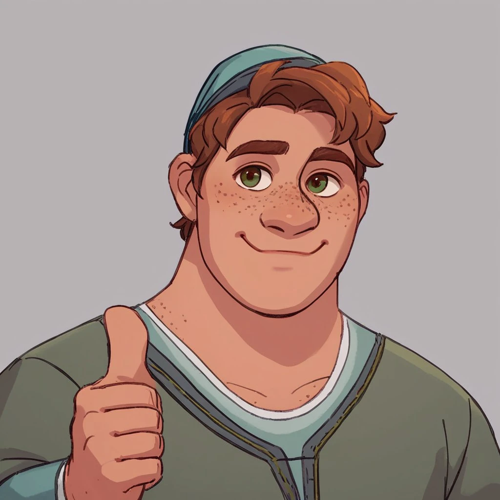 Score_7_up, score_8_up, score_9, male focus, upper body, source_cartoon,
BREAK,
 WishSimon, male focus,freckles, eyebrows up, closed mouth smile, cap, (thumbs up), simple background,