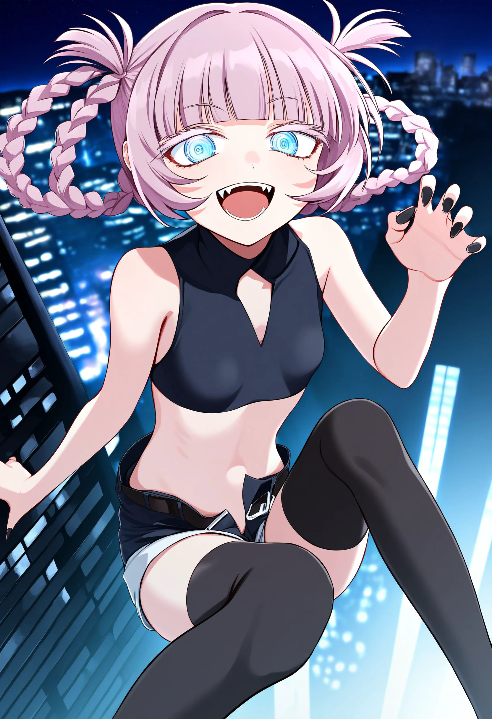 nanakusa nazuna \(yofukashi no uta\), 1girl, solo, blue eyes, ringed eyes, vampire, braided hair rings, blunt bangs, short hair, 
looking at viewer, fang, midriff, small breasts, black nails, 
open fly, navel, open mouth, upper teeth only, smile, crop top, sleeveless turtleneck, black thighhighs, short shorts, midriff, open belt, short hair, tank top, open shorts, stomach, clothing cutout, 
night, building, city, from above, floating, knees up,
score 9, source anime, absurdres, masterpiece, best quality, very aesthetic
 <lora:pony_nanakusa_nazuna_dora_v3:1>