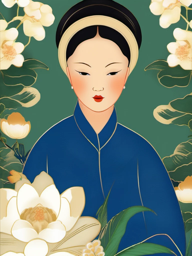 <lora:NGUYENLADY:1>,in style of NGUYENLADY, illustration of woman portrait, wearing halterneckheadwear, beauty, flower background,  white flower,  sitting