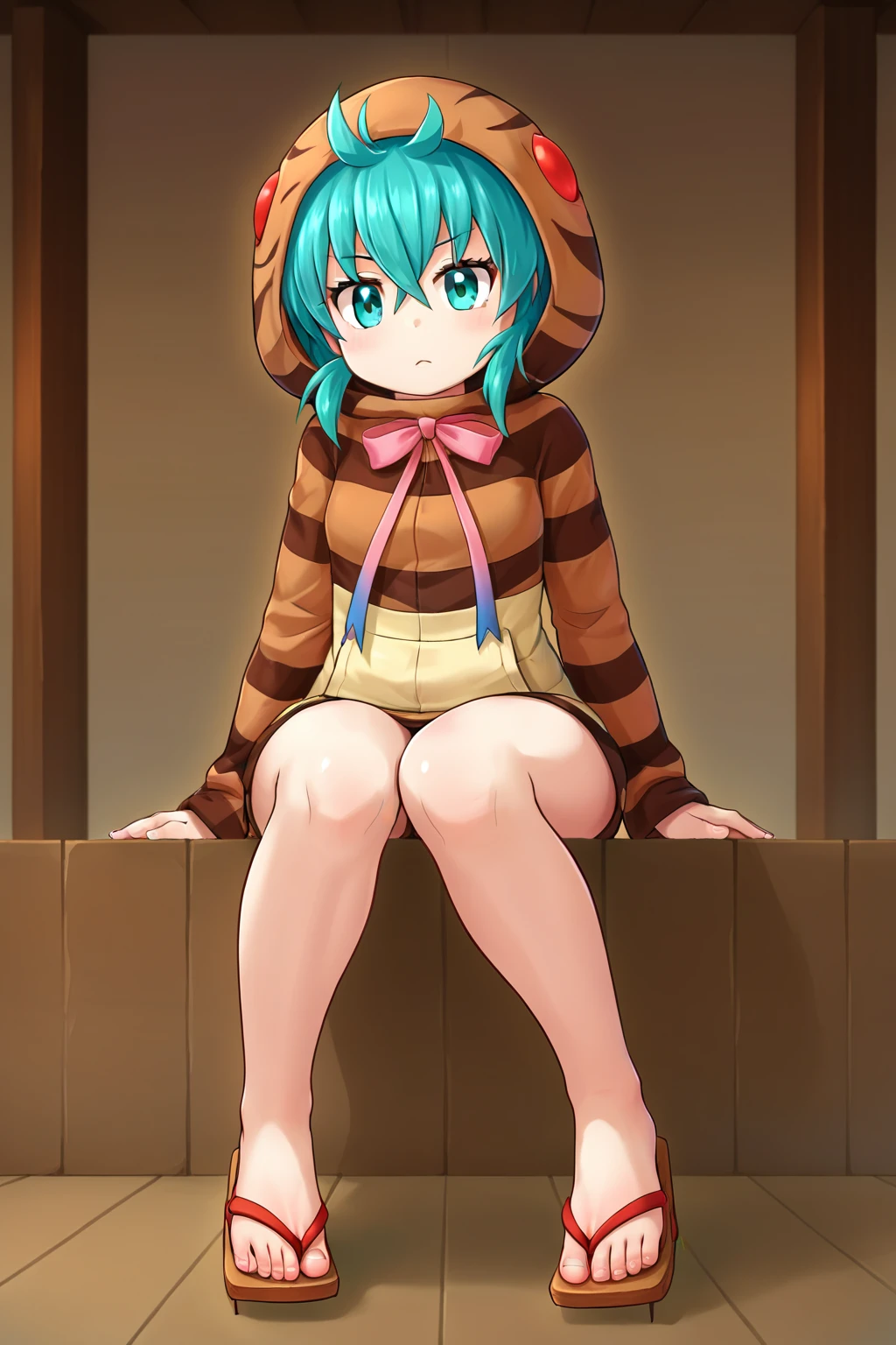 score_9, source_anime, 1girl, tsuchinoko, teal eyes, sitting, sandals