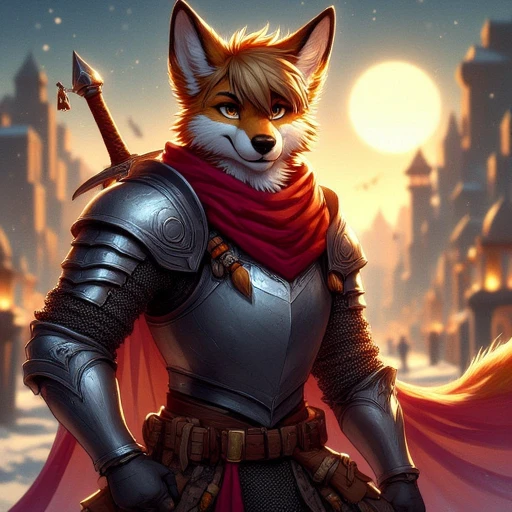 fox furry knight in shining armor and red scarf , sword on his back