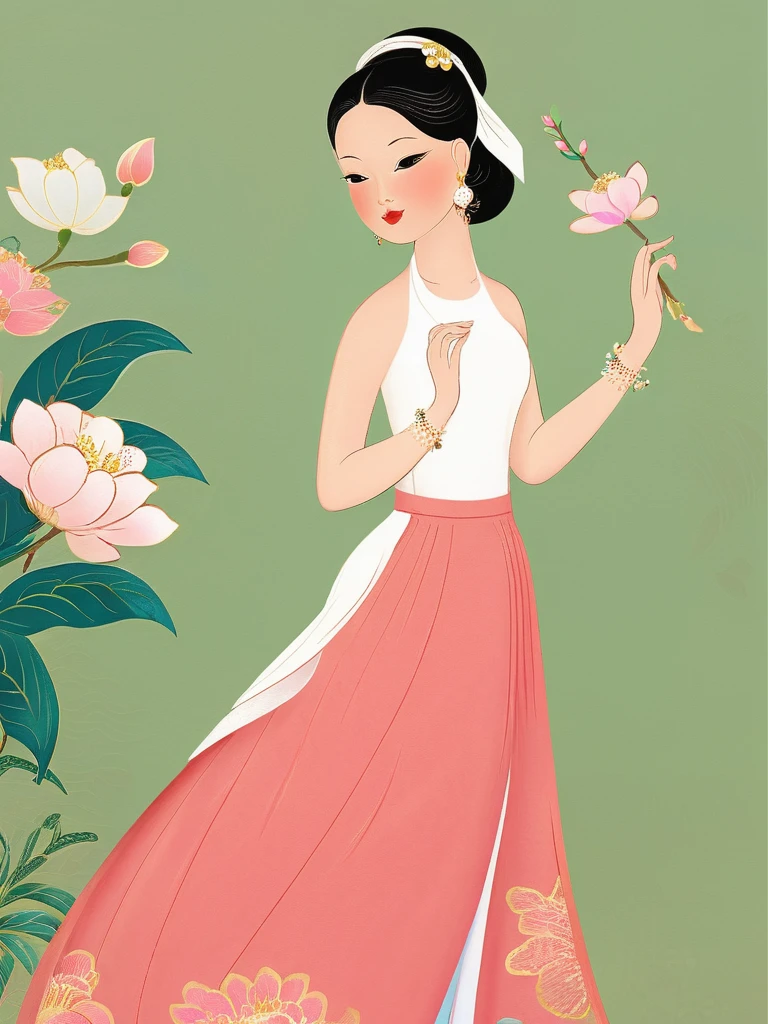 <lora:NGUYENLADY:1>,in style of NGUYENLADY, illustration of a woman, hair ornament ,(((white halterneck))), long skirt, earrings,  beauty ,pink flower, flower background, full body, best quality