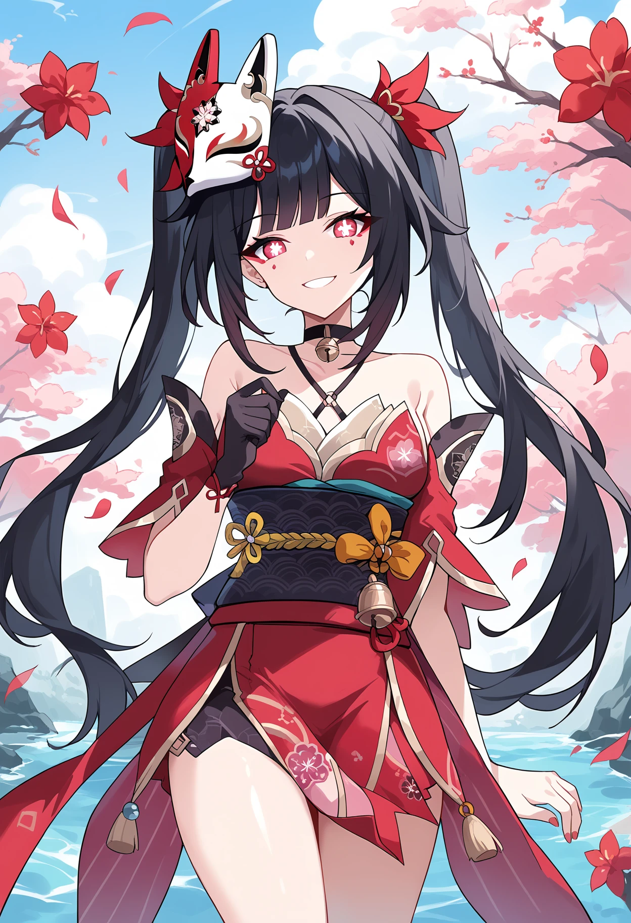 score_9, score_8_up, score_7_up, 
BREAK
1girl, solo, 
<lora:shiSparkleV1:1.0>, shisparkle, long hair, bangs, black hair, hair ornament, glowing eyes, flower-shaped pupils, 
bare shoulders, 
twintails, hair ribbon, choker, detached sleeves, 
fox mask, mask on head, red dress, red kimono, bell, 
obi, sash, single glove, black gloves, 
looking at viewer, smile, head tilt,