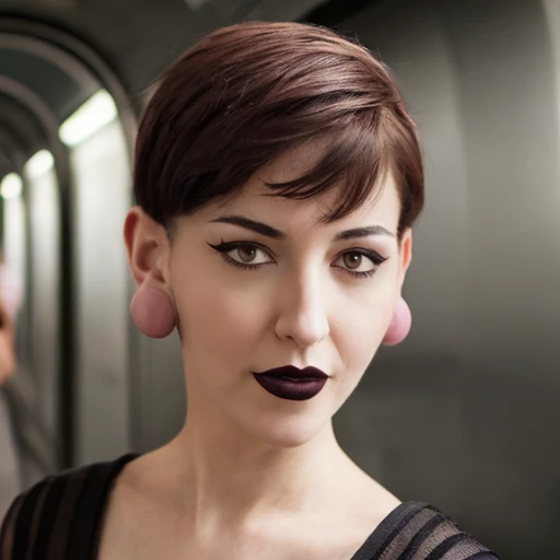 a portrait womans's head with ear bigstretchedtunnel  <lora:BigStretchedTunnel:1.20> , short hair.  black eyes and  lipstick in the subway