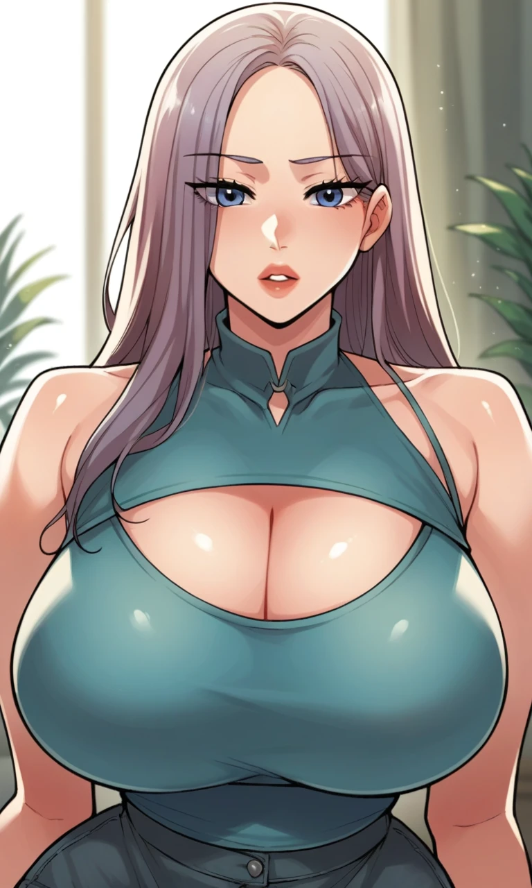 score_9, score_8_up, score_7_up, light purple hair, blue eyes, long hair, parted lips, indoors, huge breasts, cleavage, clothing cutout, cleavage cutout, sexy body, beautiful, looking at viewer