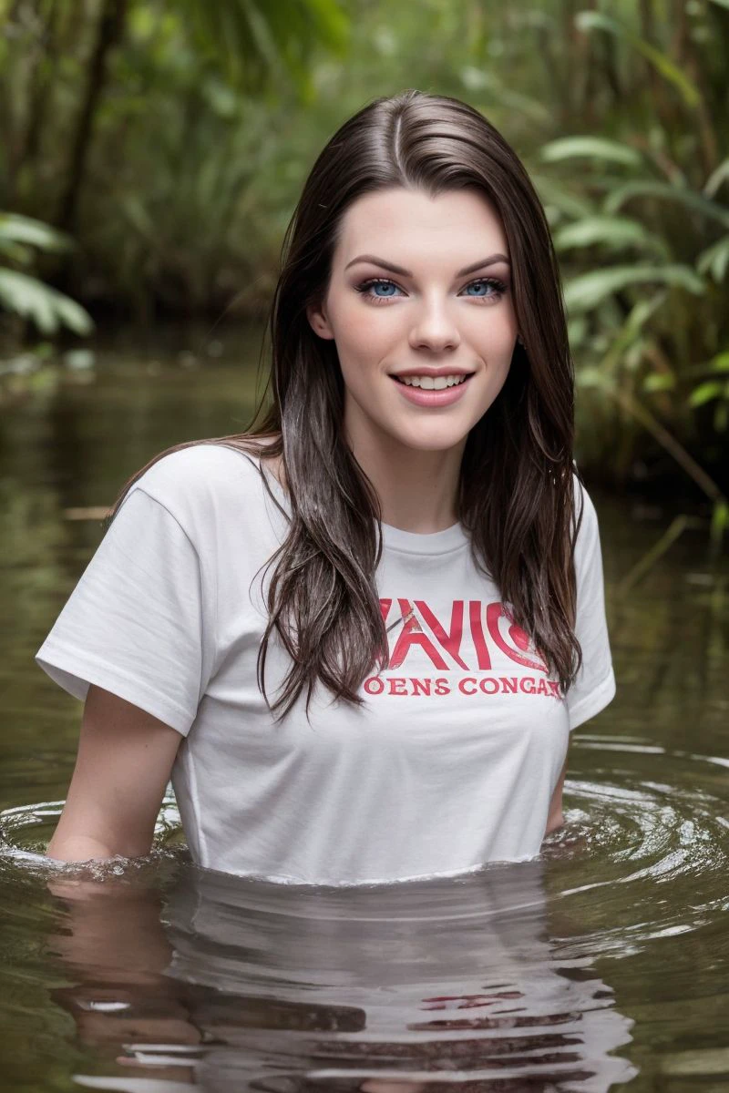 headshot of S530_FionaFrost,an attractive woman,in a (swamp:1.1),wearing a (red t-shirt),(smiling),(wet hair),(4k, RAW photo, best quality, 50mm, depth of field, ultra high res:1.1),(intricate, photorealistic, cinematic-shot, masterpiece, ultra-detailed:1.1),